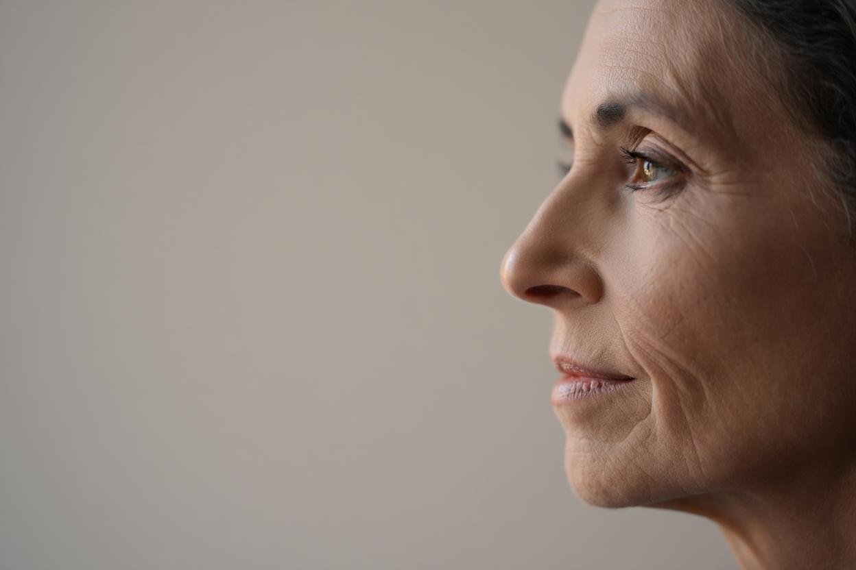 Profile view of facial contours showing eye area, cheek volume and jawline definition
